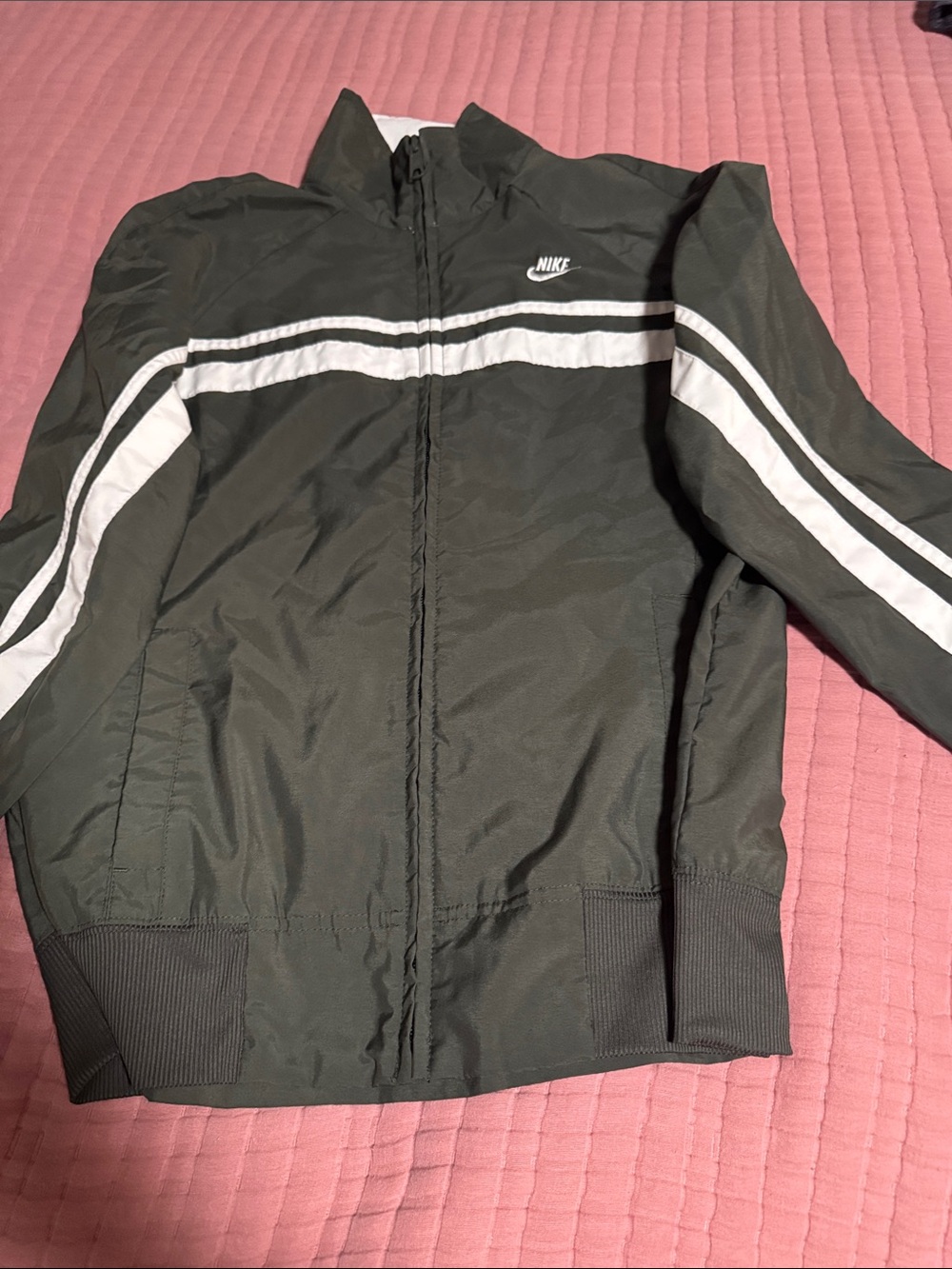 Nike Men's Olive Green Windbreaker Jacket with White Stripes